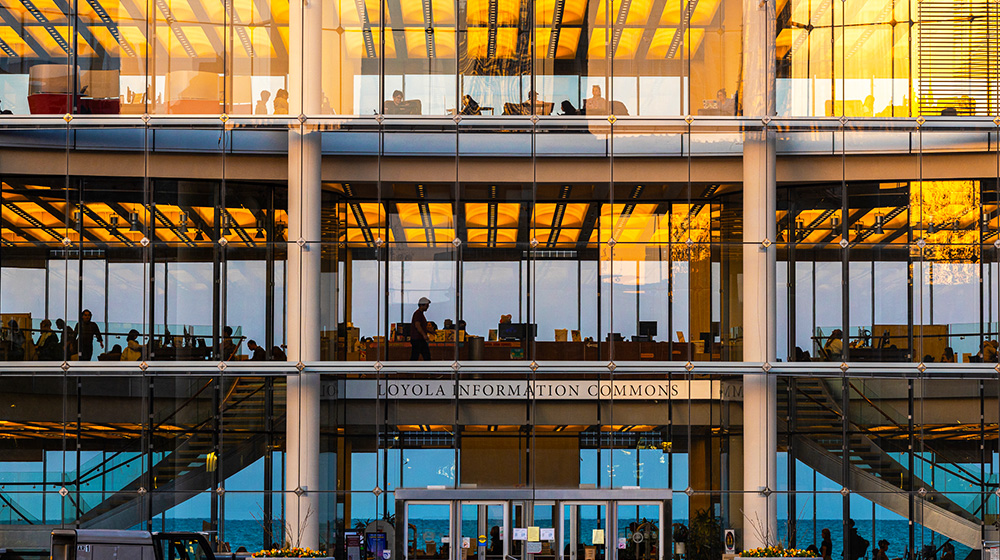 An exterior view of the Information Commons building on the Lakeshore Campus