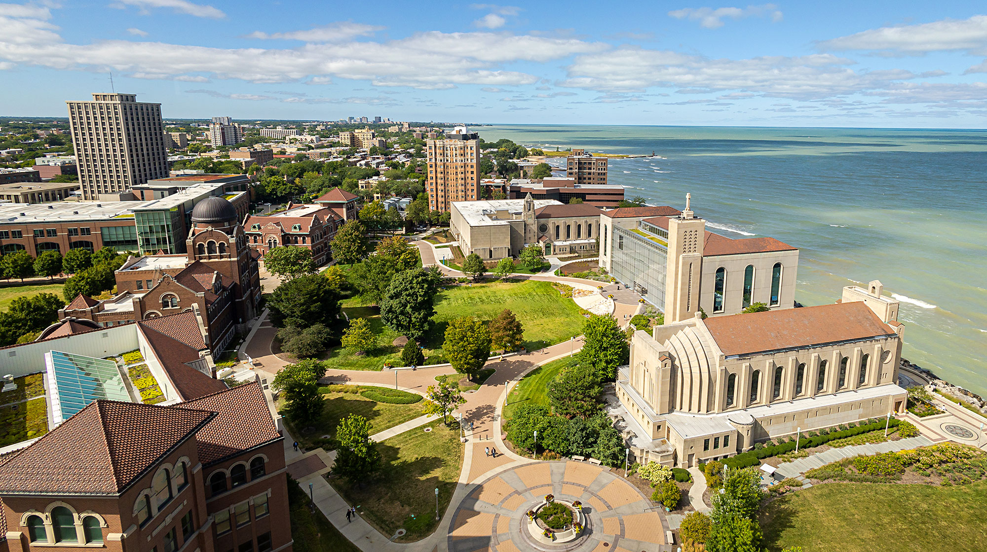 An aerial vantage point of the Lake shore campus of Loyola University Chicago on a crisp sunny day.