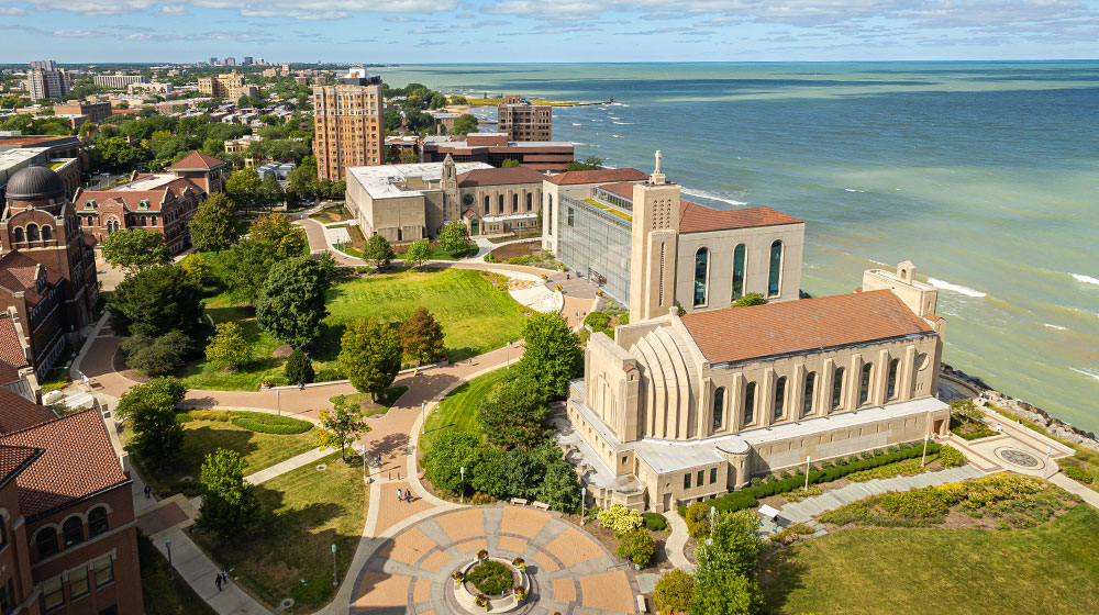 Aerial view of Loyola University Chicago’s Lake Shore Campus along Lake Michigan