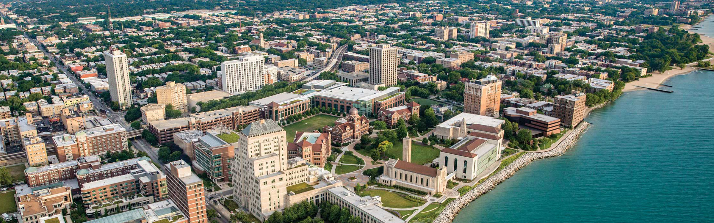 An aerial perspective of Loyola University Chicago's beautiful Lake Shore Campus from a southeast vantage point.